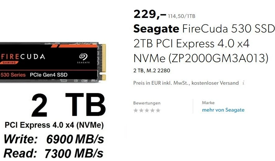 229€ ⭐ 2TB SSD SEAGATE FireCuda 🔥 530 M.2 2280 NVMe PCIe Gen4 x4 2000GB ♾️ NEU! - Bild 2 von 4