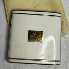 Vintage Powder Compact White Enamel Gold Tone Metal HS Monogram With Pouch