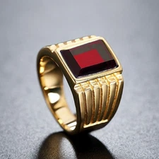 Classic Men's Red Glass Wedding Ring Stainless Steel Gold Plated Biker Band Ring