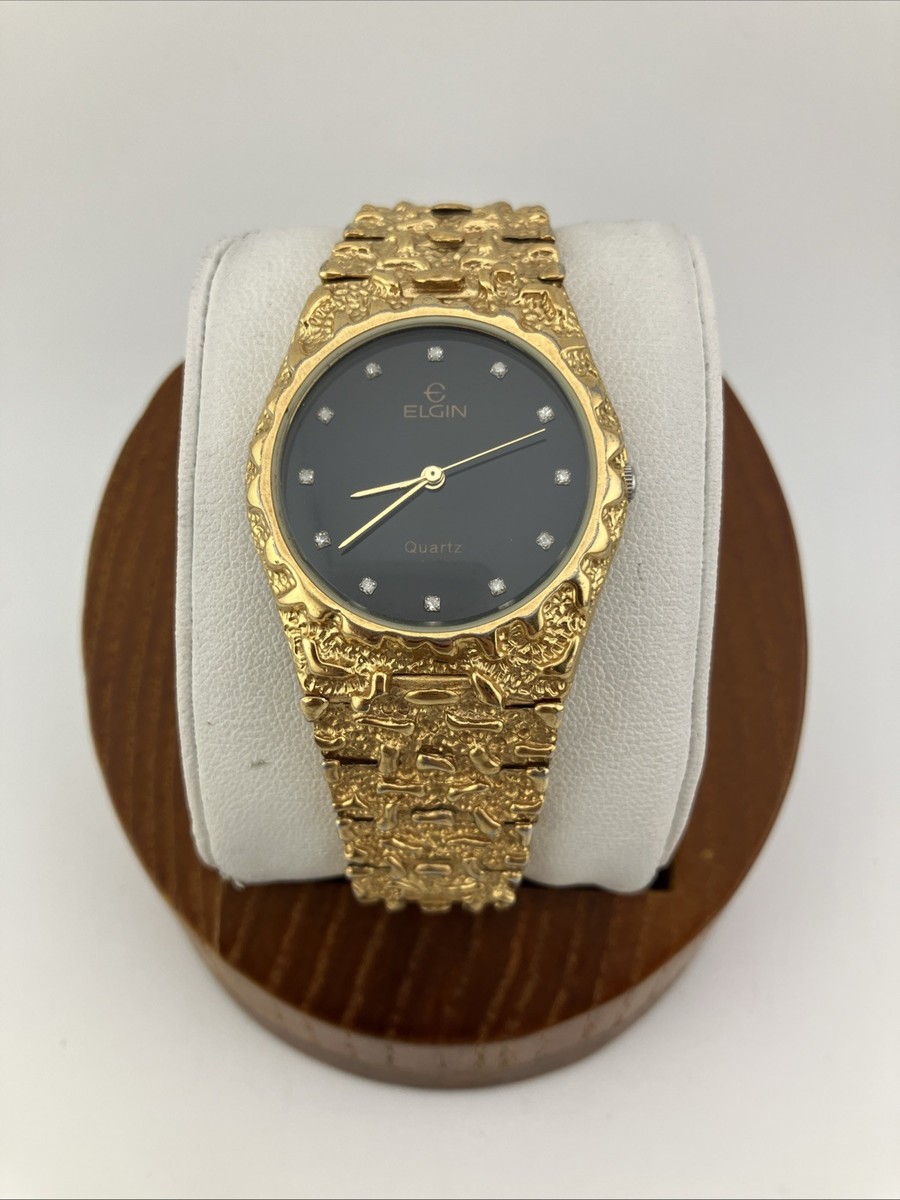 Vtg Elgin Ladies 34mm Watch Gold Tone Nugget Style Black  display picture 1