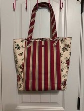 Longaberger Red Striped Canvas Poinsettia Holiday Shopping Bag Tote Purse