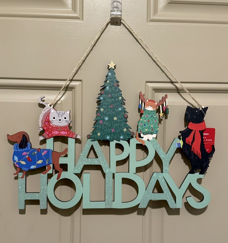 World Market "Happy Holidays" Hanging Wooden Sign w/Dachshund, Scottie, & Cats