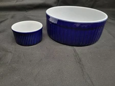 PAIR Emile Henry Souffle Baking Dish Cobalt Blue 8” + 3.5" Custard Cup France