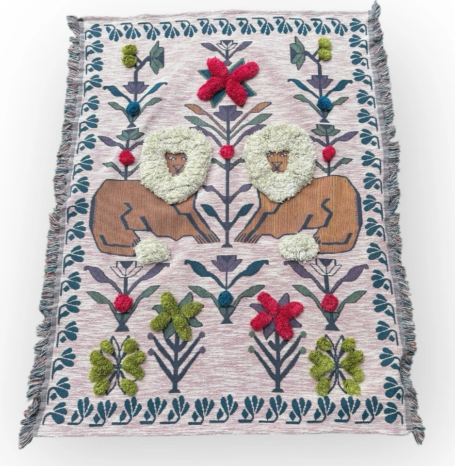 Anthropologie Handcrafted Barbary Throw Blanket Lions 50x60 Tufted Embroidered - Image 2 of 4