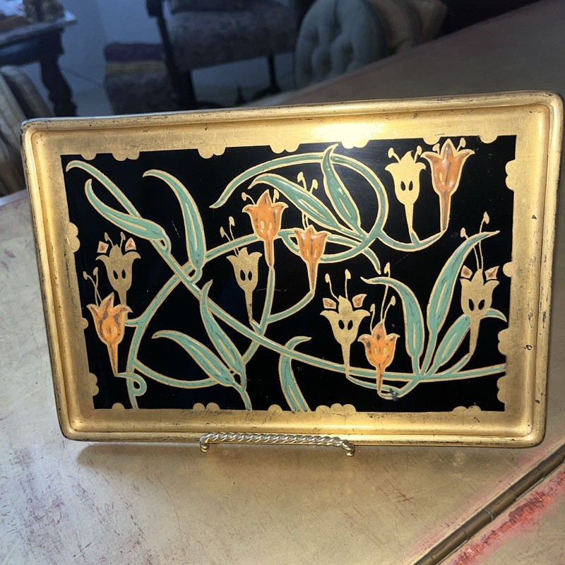 Antique Black Painted  Glass Hand Painted  Embossed Serving Tray 10 1/2” X7”