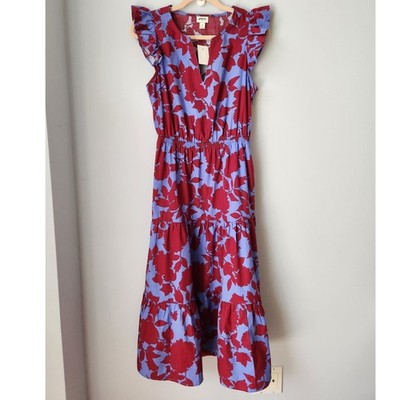 NWT J. Crew Factory Dress Cotton  Floral Flutter Sleeve Purple/Burgundy 4