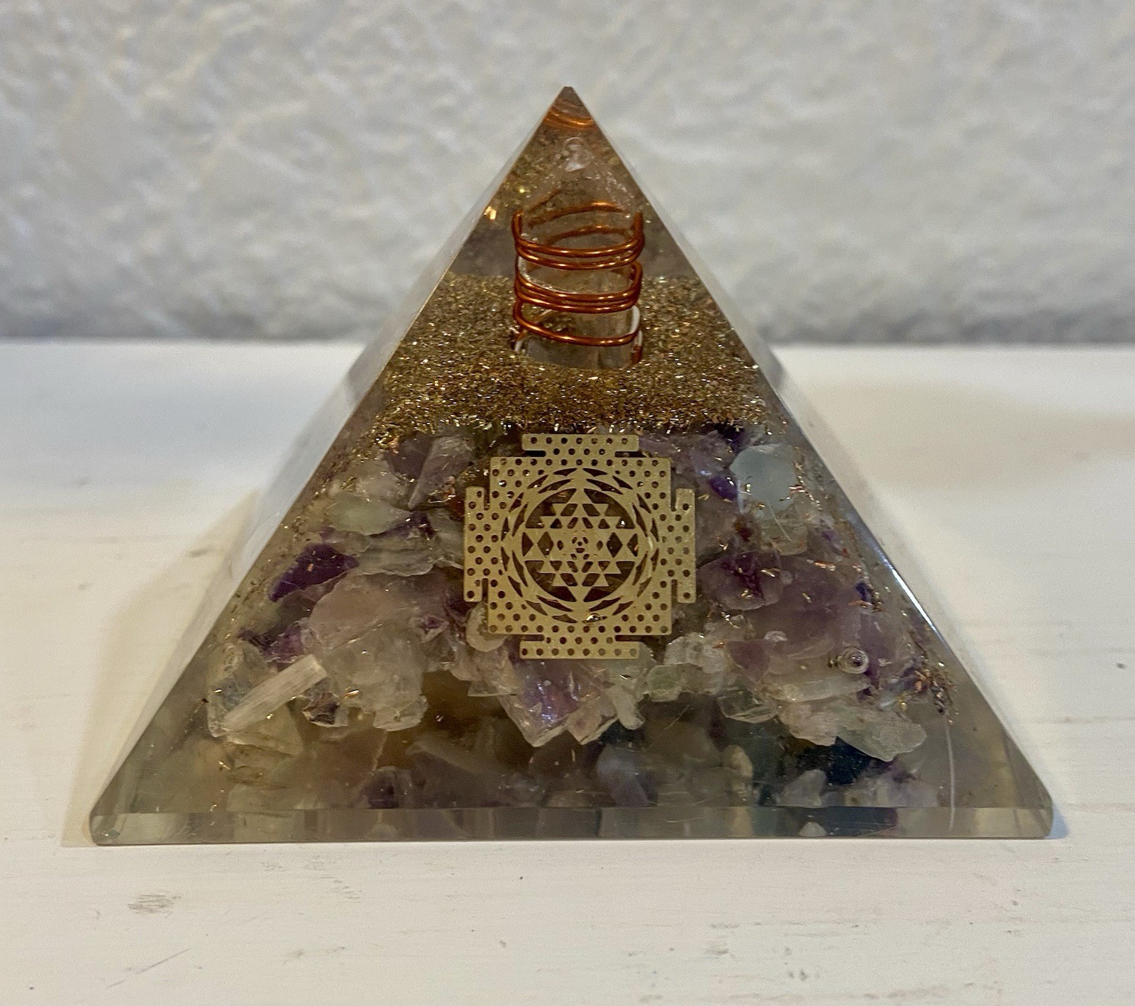 Orgone Fluorite Crystal & Resin Energy Pyramid Handmade 3”x 3”Base & 2.5”Tall