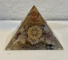 Orgone Fluorite Crystal & Resin Energy Pyramid Handmade 3”x 3”Base & 2.5”Tall