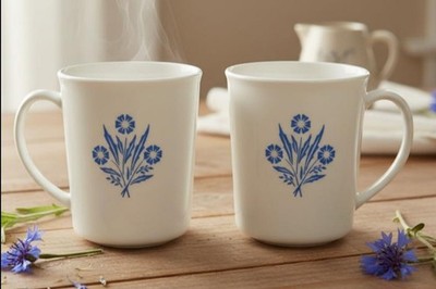   2 CORELLE Corningware 1970's BLUE CORNFLOWER 4'' MUGS Straight Sided Pyroceram