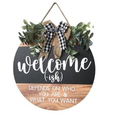 Welcome Sign Front for Door Decoration, 12 in Round Wood Wreaths Wall Hanging...