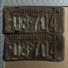 1934 Virginia dealer license plate pair D3704 YOM DMV Ford Chevy Dodge 22140