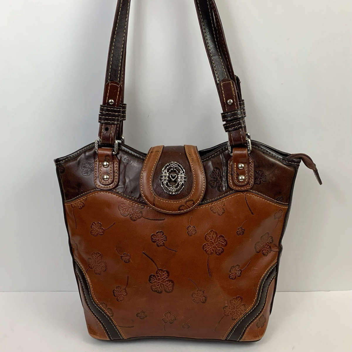 Vintage MC Shoulder Bag Purse Brown Leather Embossed Clover Silver