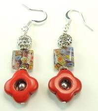 Multicolor Millefiori Dangle Earrings Red Howlite  Flowers Handmade Jewelry