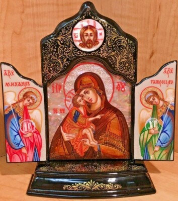 MADONNA & CHILD BEAUTIFUL ICON LACQUER TRIPTYCH CHRISTIAN ORTHODOX NEW
