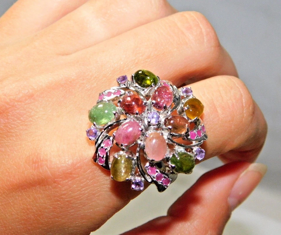 Grande Gruppo di Fiori Argento Sterling Ruby Tormalina Gatto Occhio Beige Anello - Immagine 2 di 4