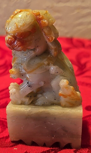 Antique Shoushan Foo Fu Dog Pair Guardian Auspicious Beasts Protect Hand Carved - Picture 8 of 10