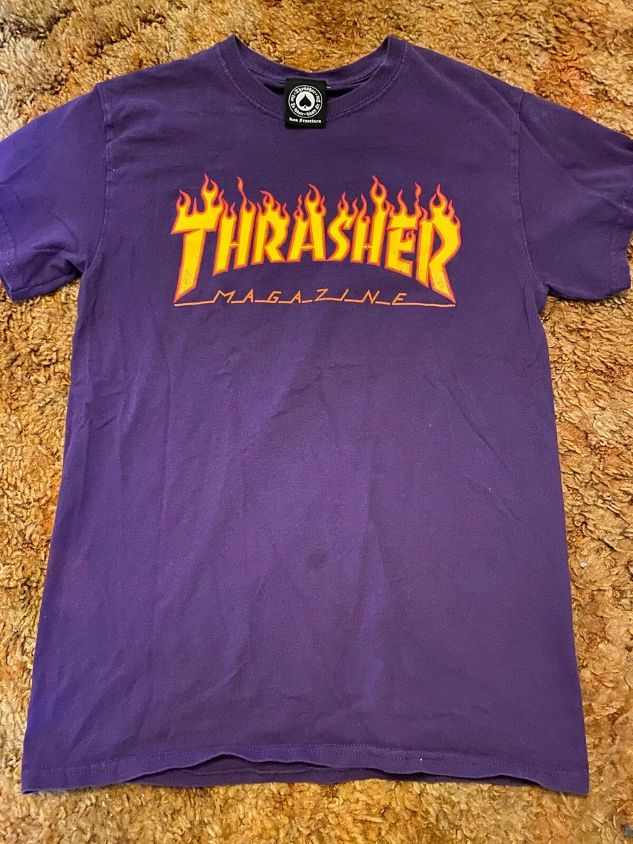 Thrasher Magazine Menu0026#039;s Small Graphic T-Shirt Flame Logo Purple Yellow  Skate Y2K | eBay