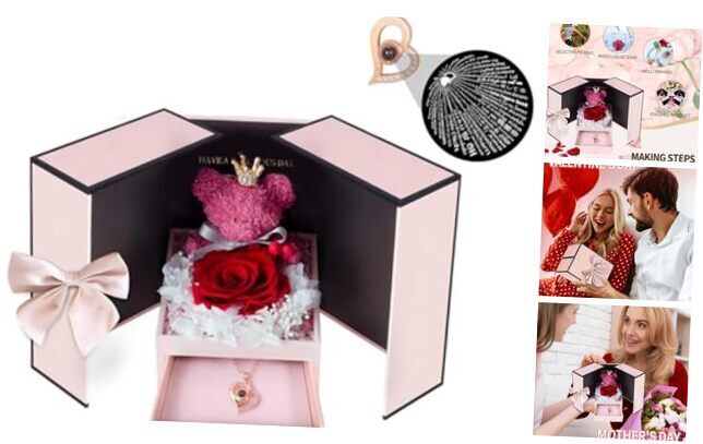 Preserved Flowers Moss Bear Double Doors Box Necklace - Eternal Rose Gift Red