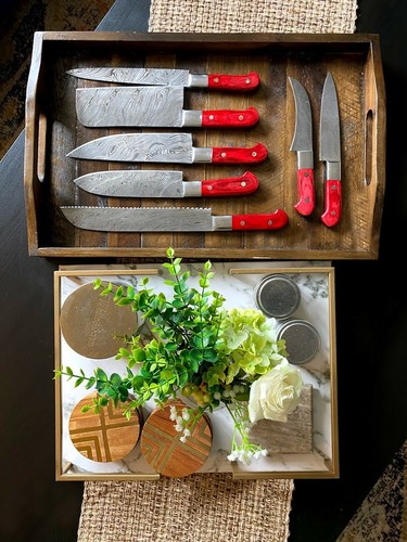 Hand forged Damascus steel chef set kitchen knives 7 pieces with chopper/cleaver - Picture 2 of 8