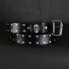 Studded Leather Belt. SKULL. Rocker, Gothic Style. 1.5” wide. BLACK