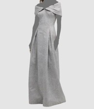 760 Rickie Freeman for Teri Jon Women Silver Pleated Jacquard Gown Dress Size 8