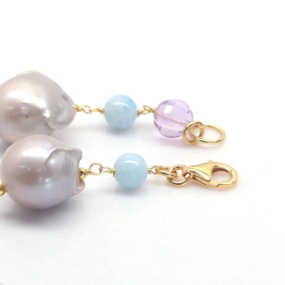 Edelstein Grau Perle, Amethyst & Aquamarin 925 Silber 18K Gold Armband 19.1cm - Bild 3 von 4