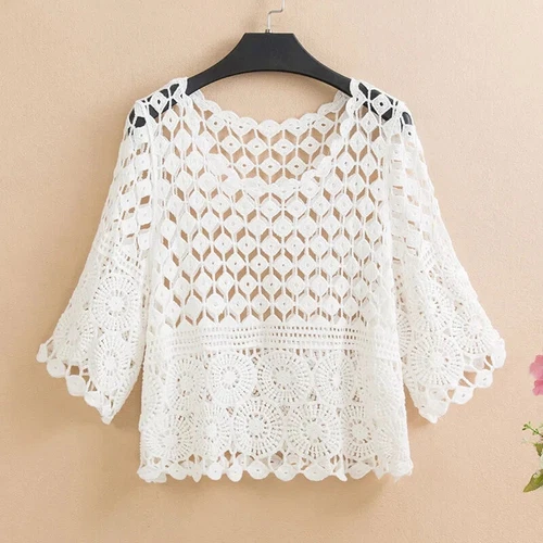 Women's Crochet Crop Top Hollow Pullover Summer concealer- - Bild 16 von 35