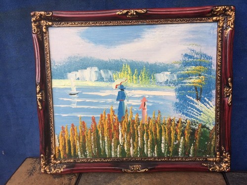 Framed OIL PAINTING Martha's Vineyard Cape Cod Sunset Lake Woman Girl Boat ❤️J8 - 第 2/9 張圖片