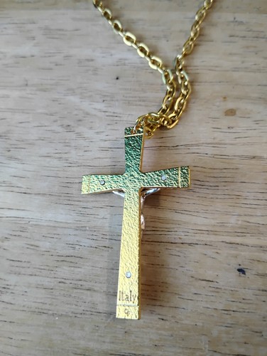 2" Oro y Plata Texturizado Crucifijo CF Italia Collar 4mm Oro Eslabón Cadena 24" - Imagen 3 de 3