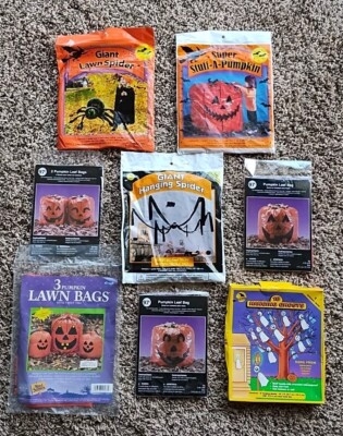 Vtg Lot 8 Halloween Stuff A Pumpkin Spider Leaf Bags Ghost Party Decoration  NOS