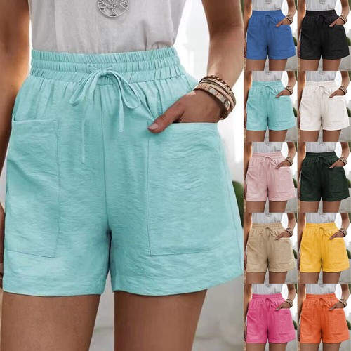 Plus Size Womens Ladies Linen Elastic Waist Shorts Summer Beach Sport Hot Pants