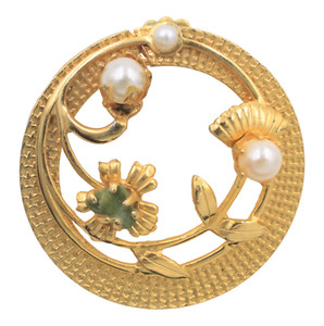 Authentic Vintage Jade Flower Faux Pearl Gold Plated Circle Floral Brooch Pin