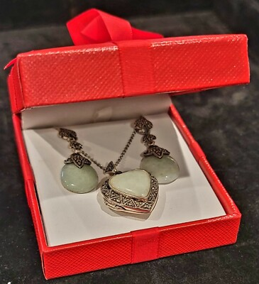 #ad Beautiful Jade Heart set from Macy’s amp; Co. Fine Jewelry set in 925 Silver NEW $149.99