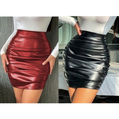 Womens Sexy PU Leather Ruched Skirt High Waist Zipper Bodycon