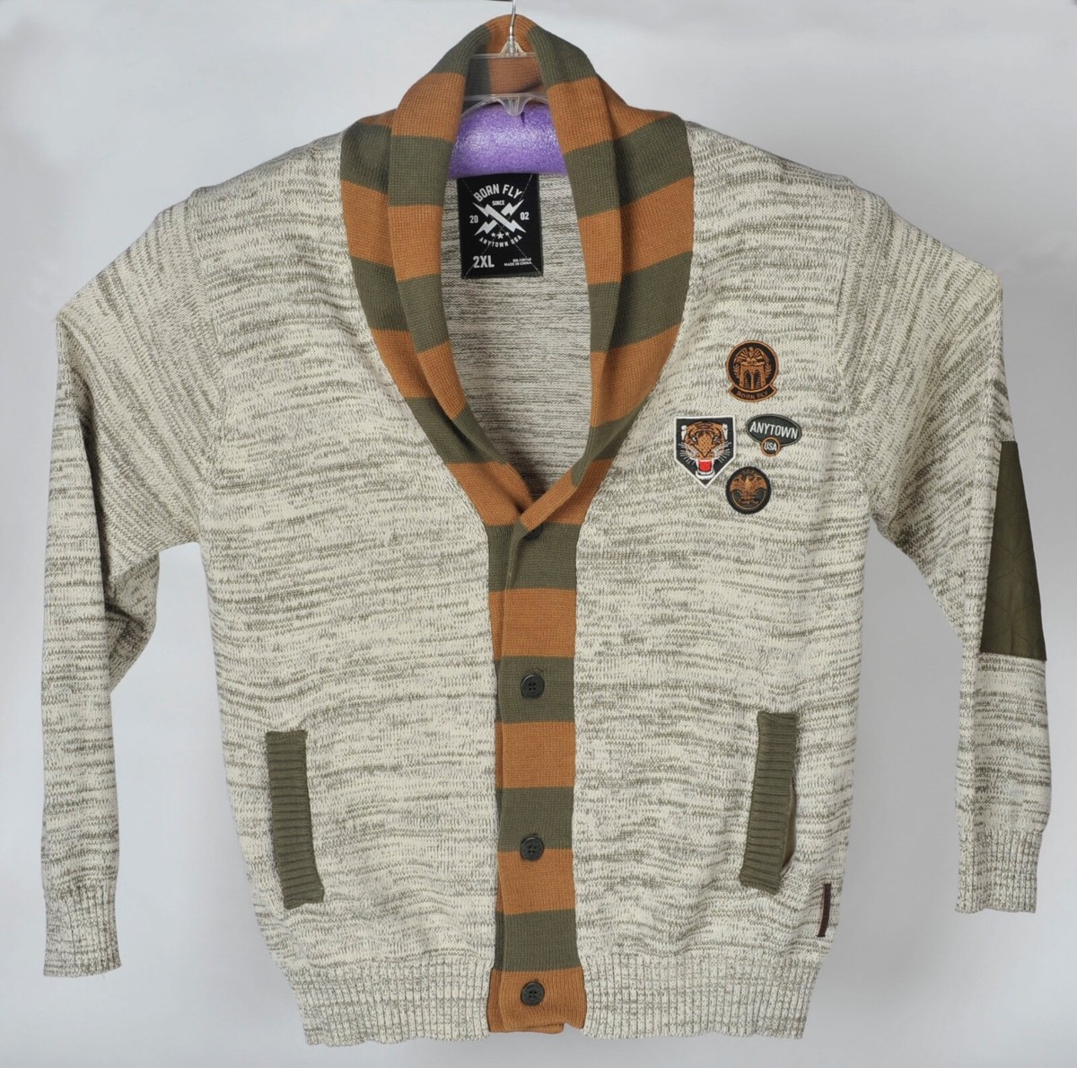 Born Fly Cardigan Sweater Mens 2XL Elbow Patch Shawl Collar | eBay UK