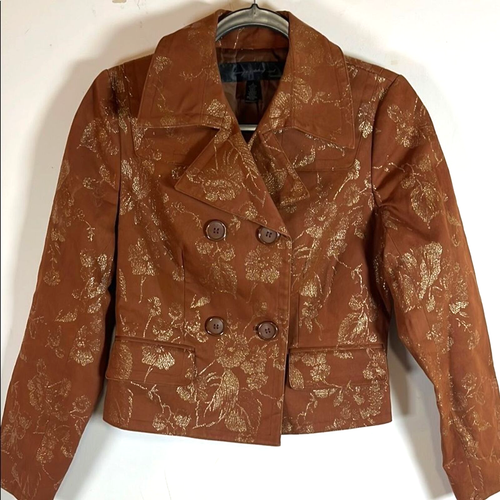 Apostrophe Double Breasted Blazer Women’s Size 2 Brown with Metallic Floral - 第 1/7 張圖片
