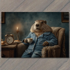 POSTCARD Beaver In Pajamas Coffee Armchair Alarm Clock Candle Cozy Morning