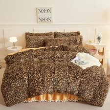 Fluffy Cheetah Comforter Cover Queen Set, Soft Furry Shaggy Leopard Bedding Quee