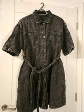 Oversized Black button up Denim Fade Belted Tshirt Dress With Pockets UK Size 12