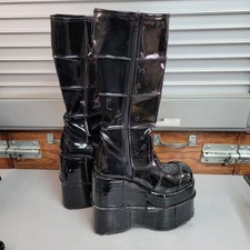 Demonia STACK-301 Mens Black Patent Platform Wedge Knee High Goth Boots Size 8