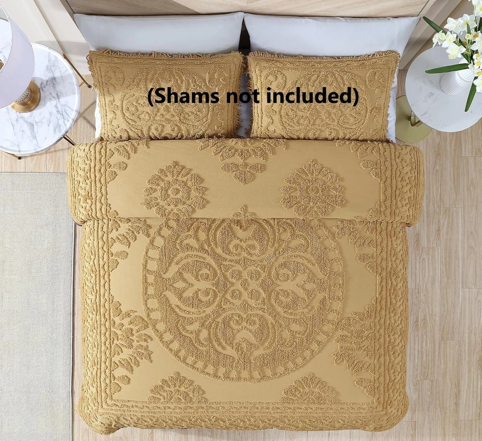 Medallion Chenille Bedspread, Queen, Gold - Image 4 of 4