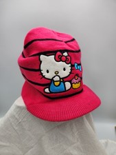 Girls Hello Kitty Visor Beanie Hat Pink Black Stripe Sanrio Knit Winter Cap J3