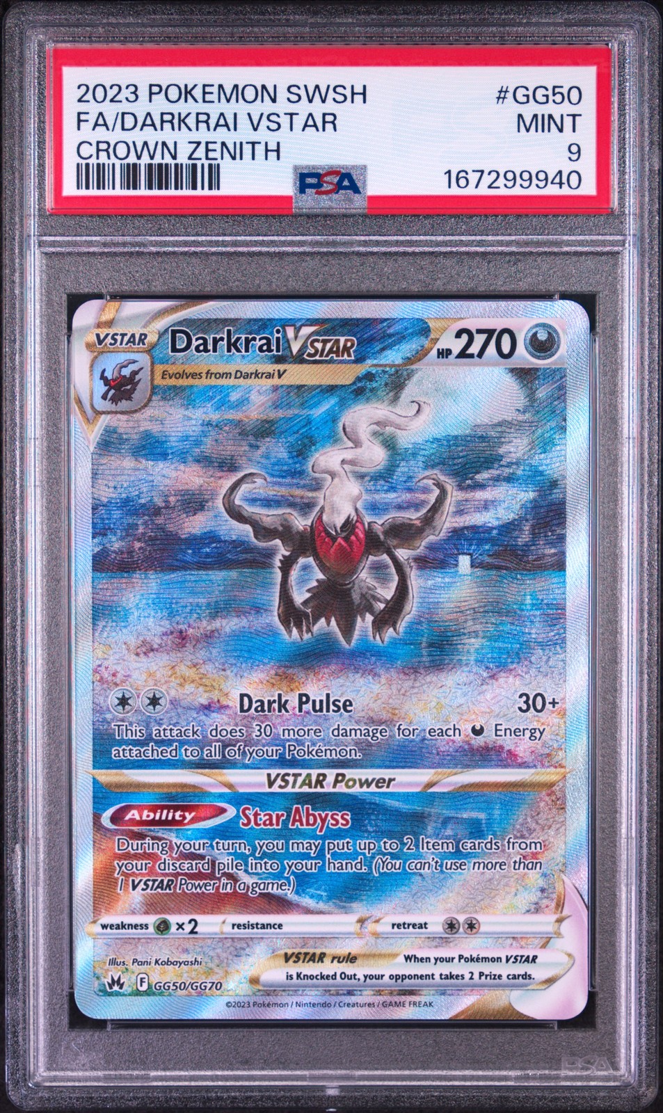 2023 POKEMON SWORD & SHIELD CROWN ZENITH #GG50 FULL ART/DARKRAI VSTAR PSA 9