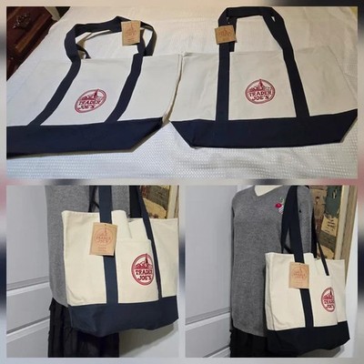 Trader Joe's Blue Classic Lot 2 Canvas Large Cotton Tote Bag- Made in Vietnam