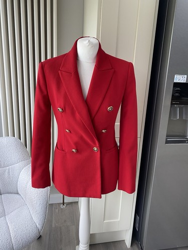 ZARA RED GOLD BUTTONS TEXTURED DOUBLE BREASTED BLAZER JACKET SIZE S SMALL 8 10