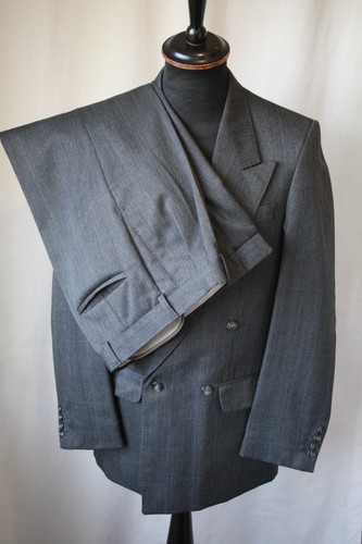 Vtg grey check double breasted 2 pce suit turn up small 36 W 30 L 28 revival