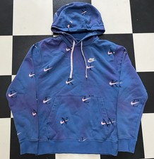 Nike Club Fleece All Over Print Hoodie Blue Pink Swoosh Letters Men  s Small