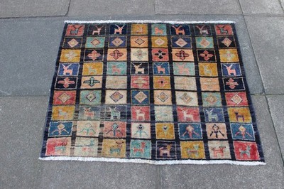 Vintage Traditioneller Handgeknüpfter Orientteppich Wolle Blau Orange 88x111cm