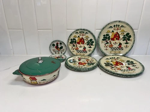 Vintage Childs Kitchen Play set Ohio Art Tin Plates Pots Dutch Farm Lithograph