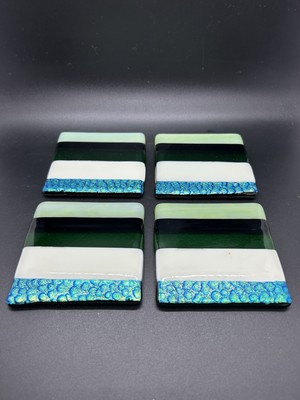 Coaster Set Striped Art Glass Green Turquoise Iridescent Dichroic - x4 BN9